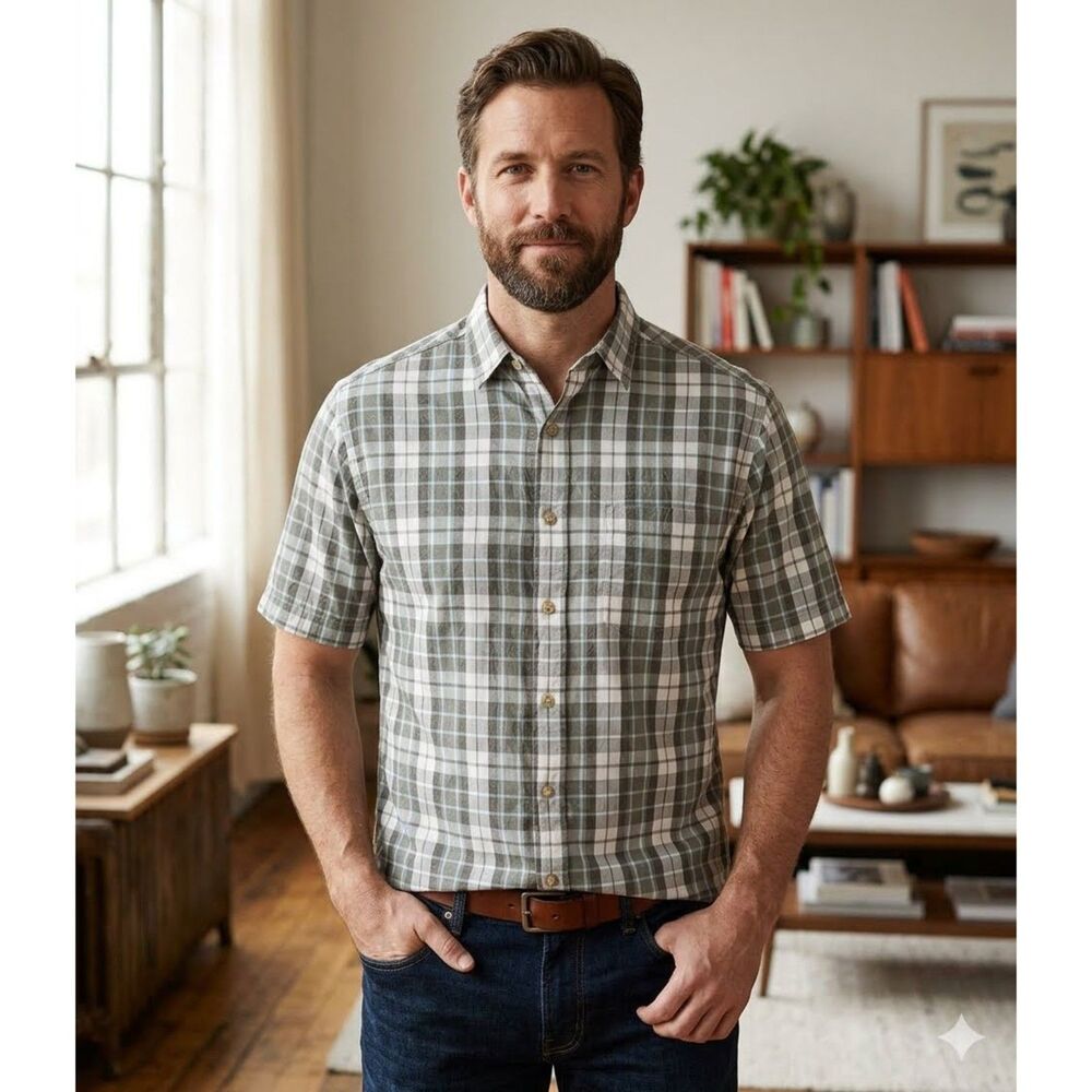 Woolrich Mens L Green Plaid Shirt Short Sleeve Button Up Pocket Outdoor Casual